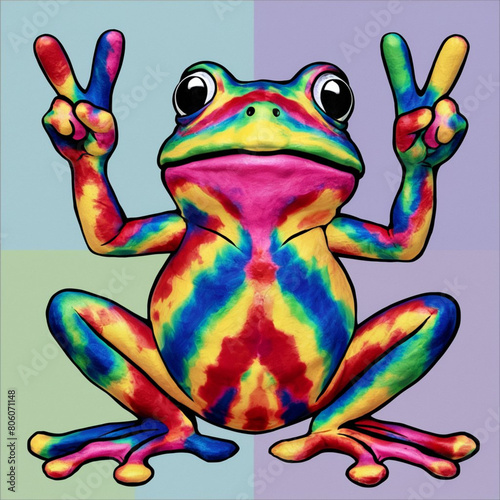AI generated illustration of a colorful frog showing peace sign © Wirestock