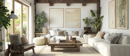 The Mockup poster frame in a farmhouse living room complements the homely and warm atmosphere, 3D render sharpen photo
