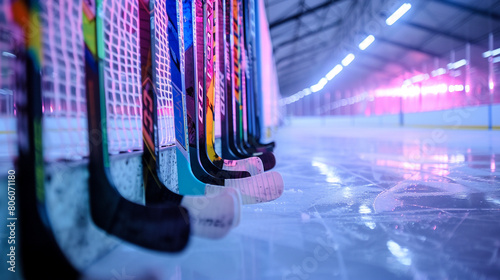 A row of colorful hockey sticks leaning against the boards of an ice hockey rink, awaiting the start of a thrilling match between rival teams under the glow of arena lights. photo