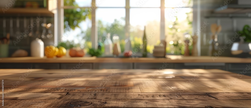 The wooden table set in the blur bokeh modern kitchen interior beckons a warm, welcoming atmosphere for family meals, Sharpen 3d rendering background