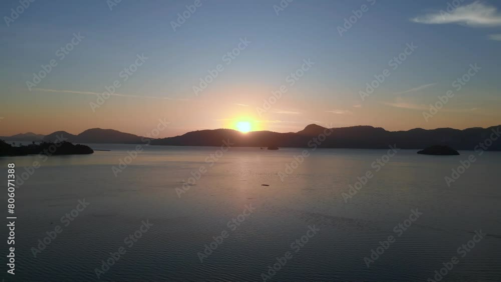 Tranquil sea sunrise horizon langkawi islands. Amazing aerial view flight drone Tranquil sea sunrise horizon langkawi islands. Amazing aerial view flight drone