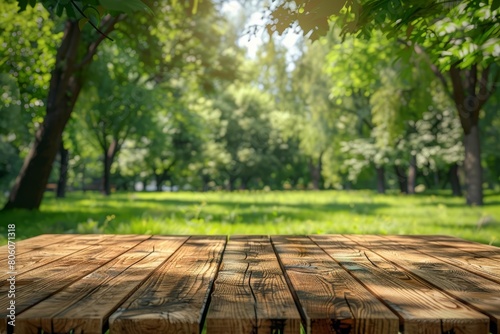 The wooden table at the summer park serves as a perfect picnic spot under the shade of lush trees, Sharpen 3d rendering background