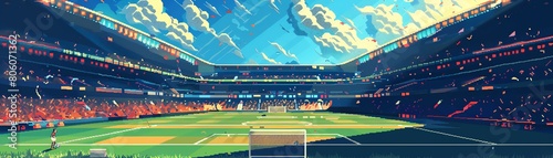 A large soccer stadium with a green field, blue sky, and white clouds. The stadium is full of people cheering and waving flags.