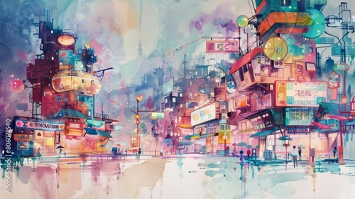This piece uses uncanny techniques to show a cute creative cyber minimal charismatic watercolor painting of a bustling futuristic marketplace