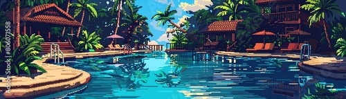 A pixel art image of a tropical resort. There are palm trees  lounge chairs  and a swimming pool. The water in the pool is crystal clear.