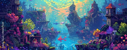 A beautiful pixel art image of an underwater city