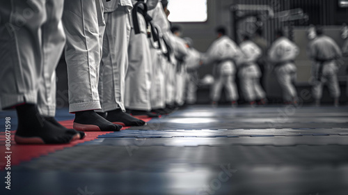 row of taekwondo sparring pads lined up on a gym floor, with students practicing kicks and punches under the watchful eye of their instructor and the spirit of discipline and camaraderie permeating