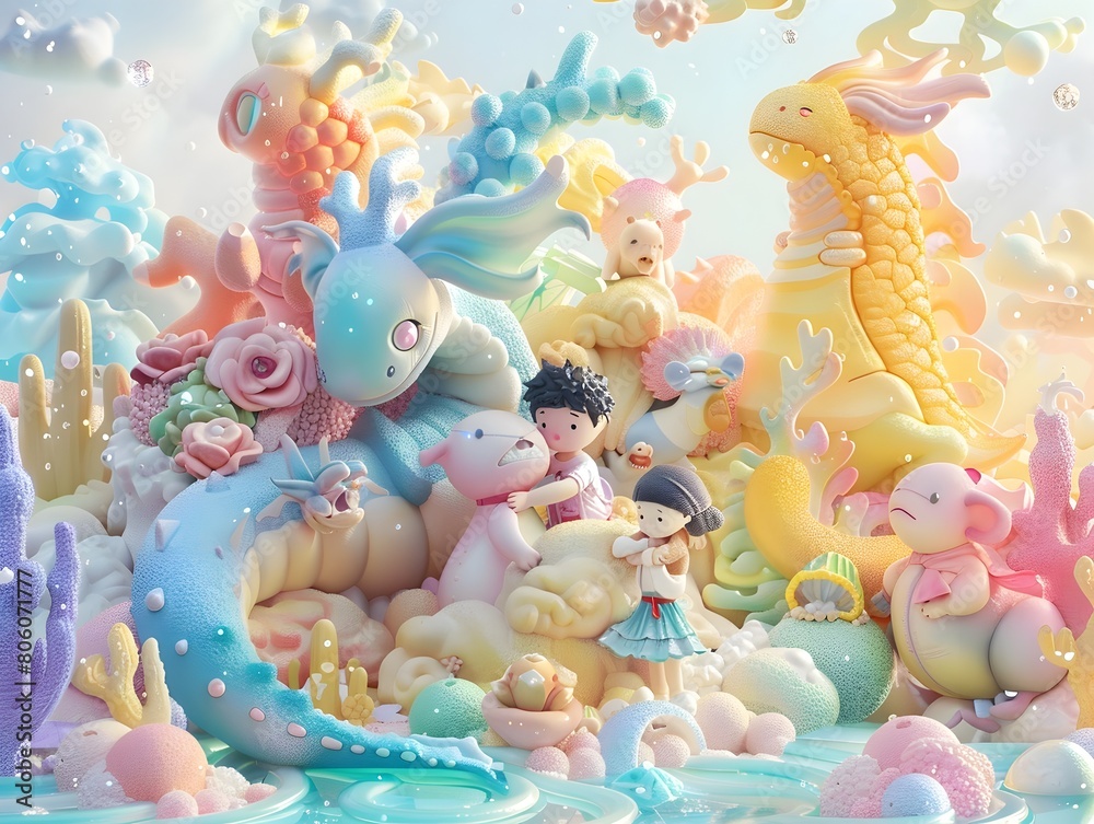 Fototapeta premium Fantastical Underwater Dreamscape with Vibrant Aquatic Creatures and Surreal Celestial Elements