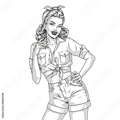 Smiling woman pin-up element monochrome