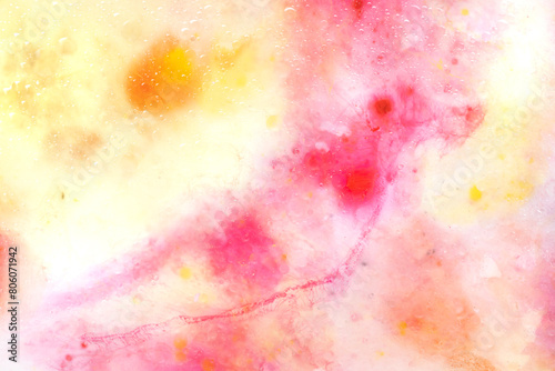 Abstract art with pink  red and yellow watercolour splashes and dots for creative background or wallpaper macro