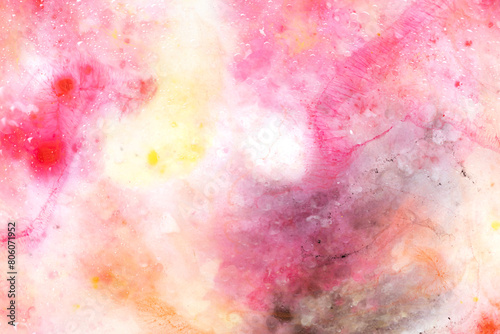 Abstract art with pink  red and yellow watercolour splashes and dots for creative background or wallpaper macro