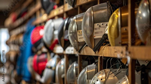 A set of fencing foils and masks arranged on a display rack in a fencing salle, with the sound of blades clashing and the swift footwork of fencers as they engage in a duel of skill and strategy 