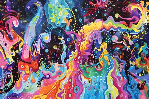 Vibrant Psychedelic Abstract Swirls of Colorful Fluid Shapes and Dreamlike Cosmic Energies