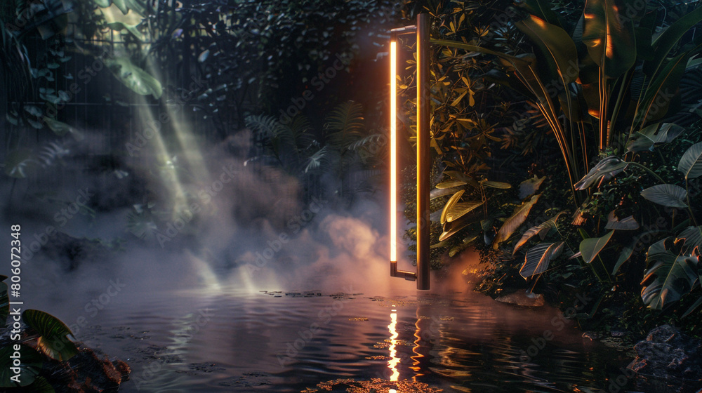 A tranquil pond in a city park at night, illuminated by a bronze neon searchlight A tranquil pond in a city park at night, illuminated by a bronze neon searchlight