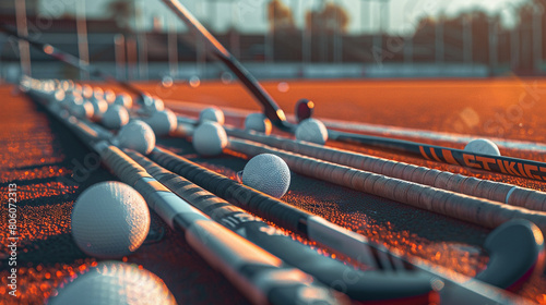 field hockey sticks and balls laid out on the sidelines of a field hockey field, with teams warming up and strategizing before a fast-paced match filled with skillful dribbles and powerful shots. photo