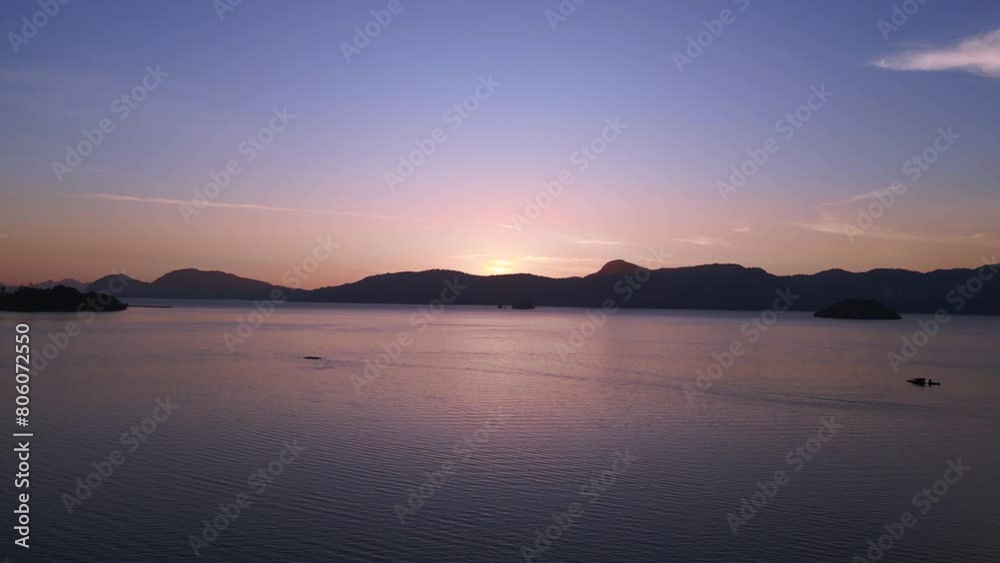 Tranquil sea sunrise horizon langkawi islands. Majestic aerial view flight drone Tranquil sea sunrise horizon langkawi islands. Majestic aerial view flight drone