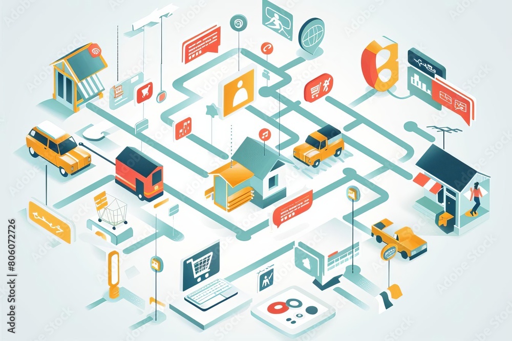 Depict a customer journey across different digital channels, representing a seamless omnichannel experience