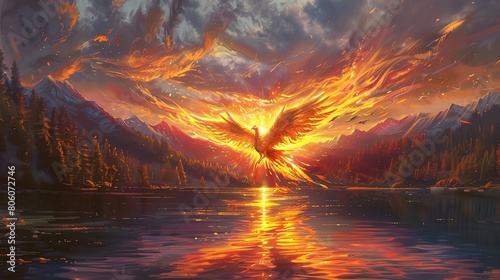 Intertwine a graceful phoenix with a fiery sunset over a tranquil lake, its radiant plumage ablaze with vibrant hues, symbolizing rebirth and resilience photo