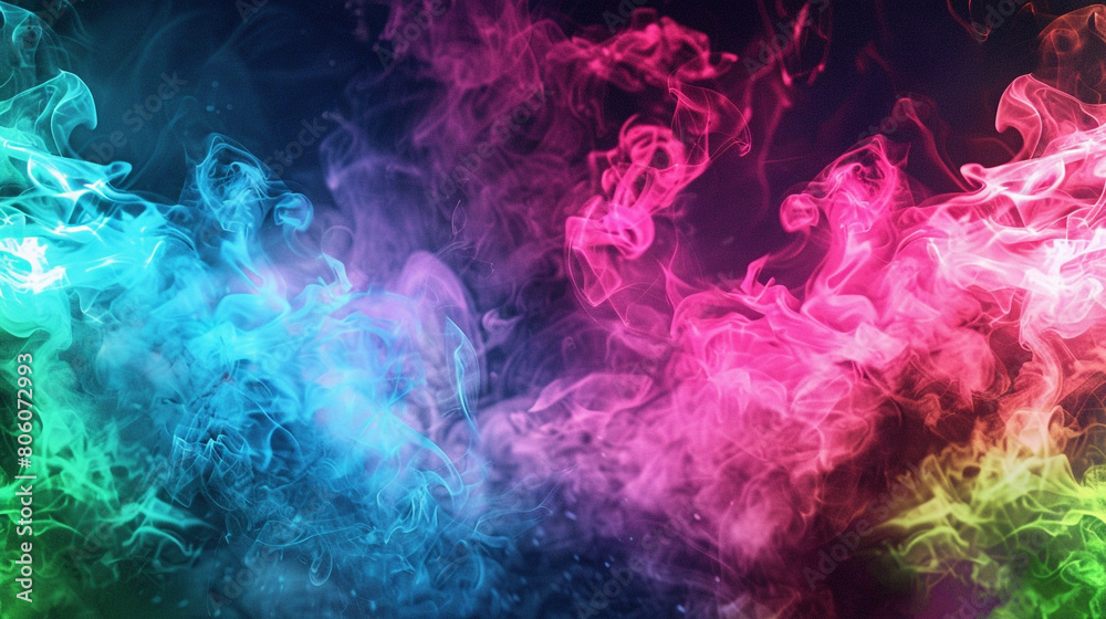 A vibrant clash of smoke in neon colors--bright pink, electric blue, and lime green--against a dark background, creating a lively and energetic abstract image.