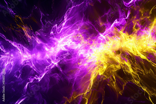 A vibrant clash of electric violet and sharp yellow waves, their energetic meeting producing a stunning visual explosion that resembles a neon light display.