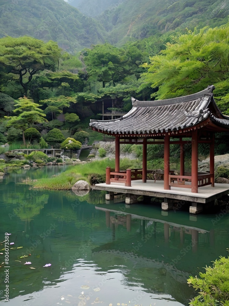 A traditional Japanese garden in a park features a red-lacquered pavilion reflecting on a still pond