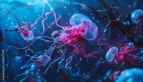 neon-lit sea creatures swimming among tangled wires and discarded tech, capturing the fusion of underwater worlds and cyberpunk aesthetics from a surprising perspective photo