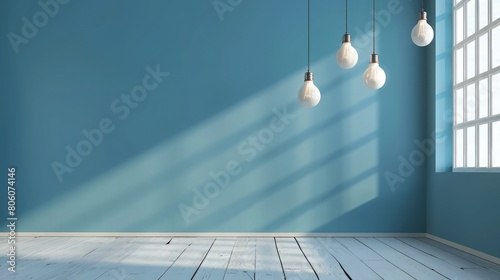 Stand out from the crowd and leadership creative idea concepts One hanging light bulb glowing with unlit incandescent bulbs on dark blue background 3D rendering
 photo
