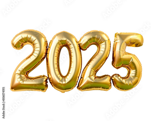 Photo with inflatable gold numbers 2025. Minimalistic balloon isolated on a transparent background