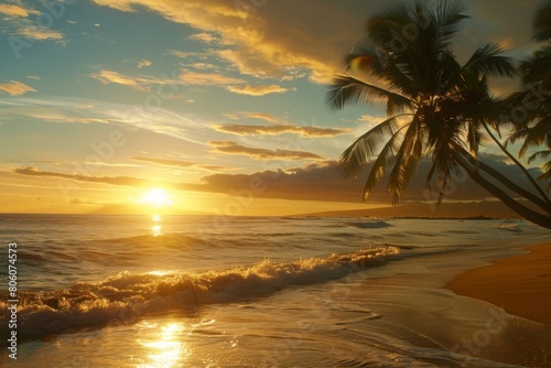 Golden sunset over calm tropical beach with palm trees
