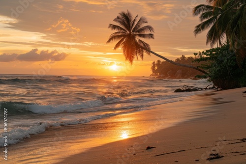 Golden sunset illuminating tranquil palm-lined tropical beach
