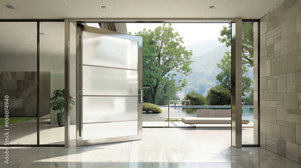 Contemporary pivot door with a stainless steel frame and frosted glass panel Contemporary pivot door with a stainless steel frame and frosted glass panel