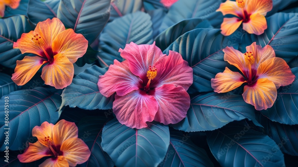The photo shows a close-up of a tropical flower with vibrant orange and pink petals and dark blue leaves. The photo shows a close-up of a tropical flower with vibrant orange and pink petals and dark blue leaves.