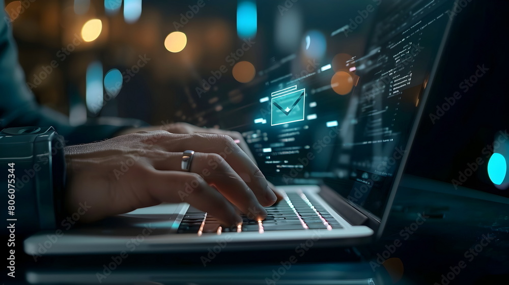 Closeup of hands typing on a laptop with futuristic flying message letter icons Closeup of hands typing on a laptop with futuristic flying message letter icons