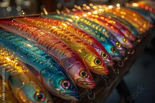 A variety of realistic and colorful fishing lures are displayed in a retail store.