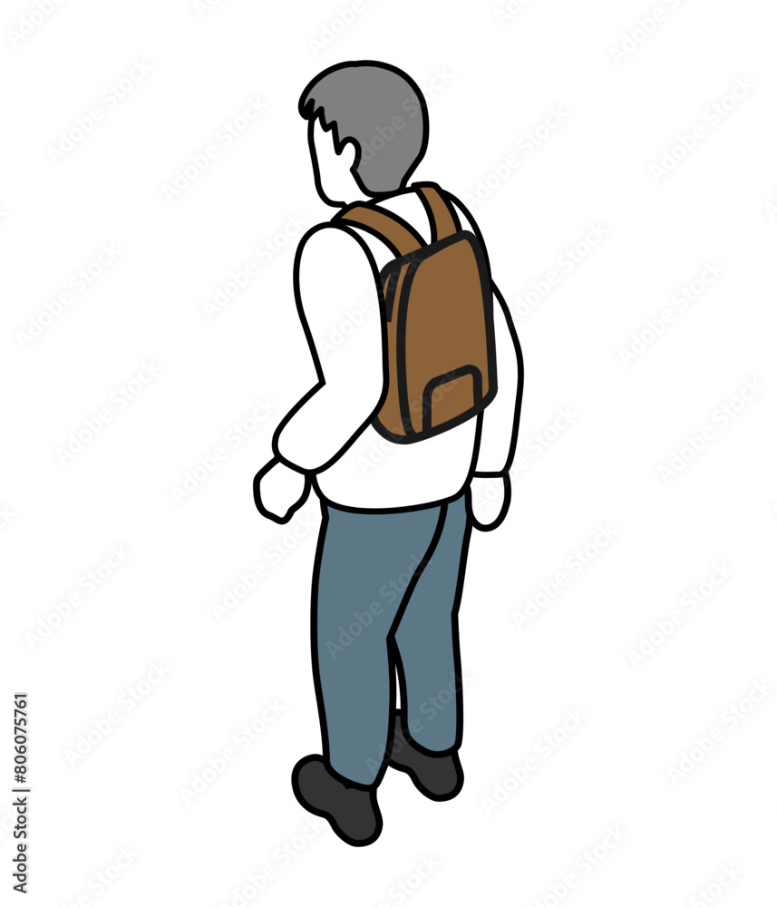 Isometric person, Standing man from behind with a backpack - long sleeves