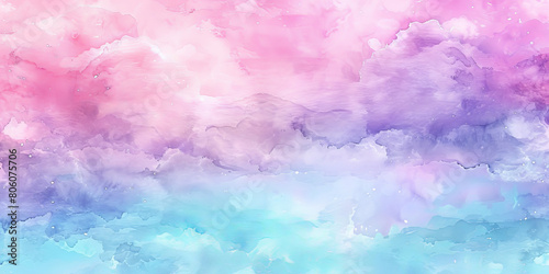 Watercolor background with soft pastel colors, sky blue and purple tones, pink clouds, colorful watercolor, banner,vintage card,