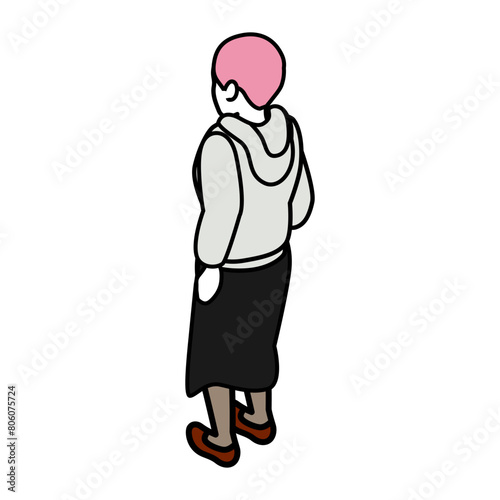 Isometric person, Standing woman with pink short hair from behind - long sleeves