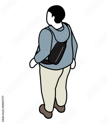 Isometric person, Standing man from behind with a waist bag - long sleeves