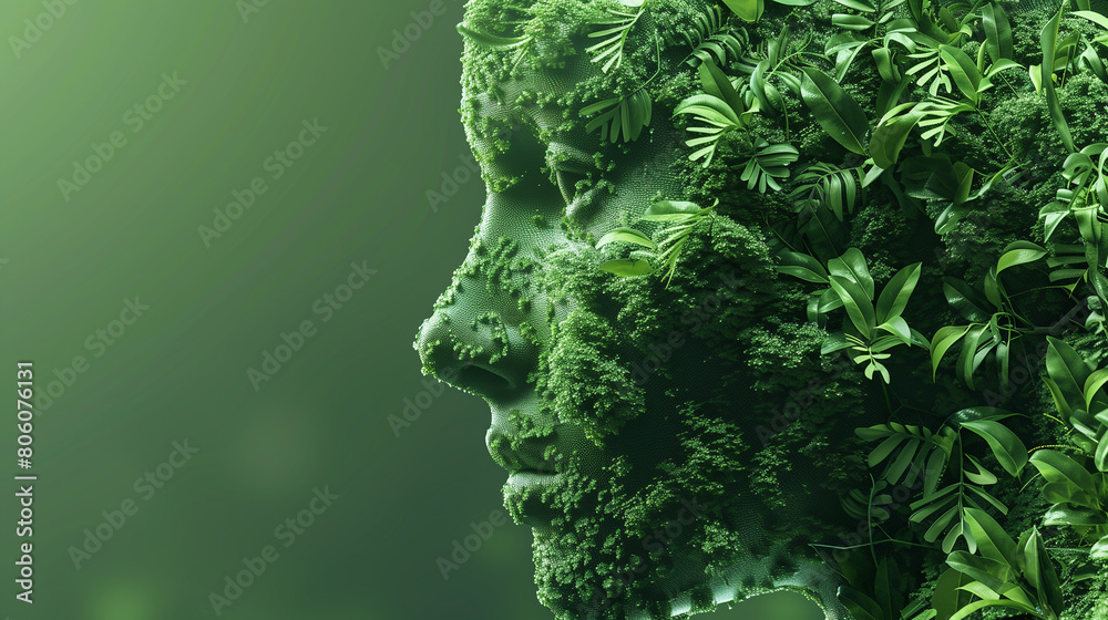A woman's face is made of plants and leaves. Concept of growth and life, as the plants seem to be thriving and flourishing. The green color of the plants