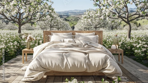 Bed set in an apple orchard during spring, blossoms all around photo