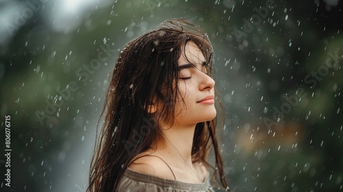 Serene Young Woman Enjoying Gentle Rain in Nature