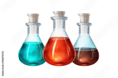 Three vials of different colored liquids sit on a white background. The vials are blue, red, and brown