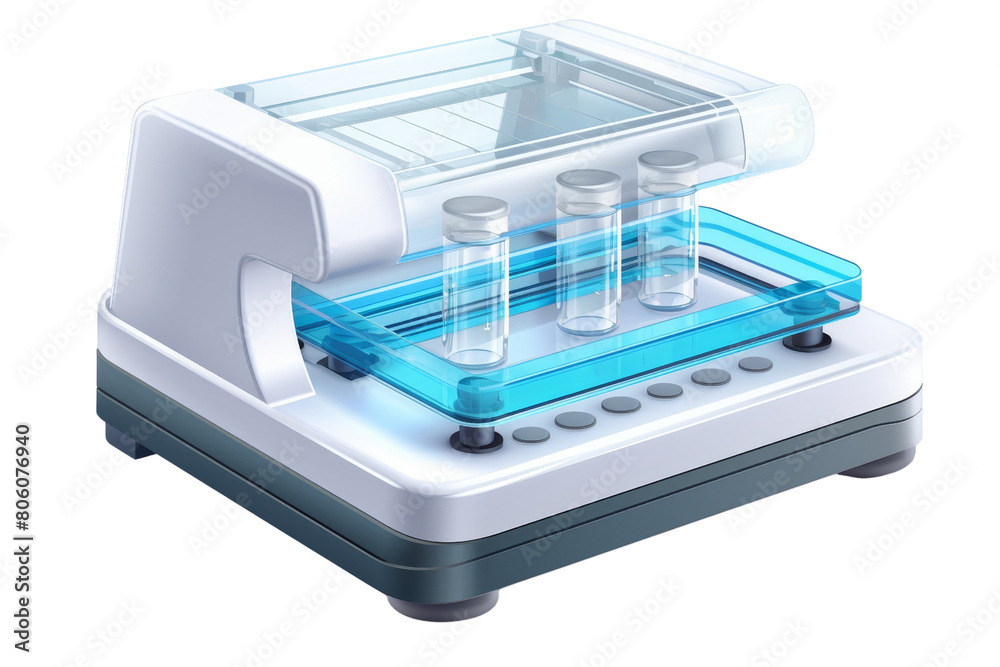 A white and blue device with three clear bottles on it. The device is used for testing and analyzing samples A white and blue device with three clear bottles on it. The device is used for testing and analyzing samples