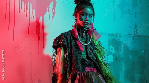 Step into a post-apocalyptic chic world where tattered couture meets avant-garde silhouettes Visualize a desaturated palette contrasting with bursts of vivid neon hues photo