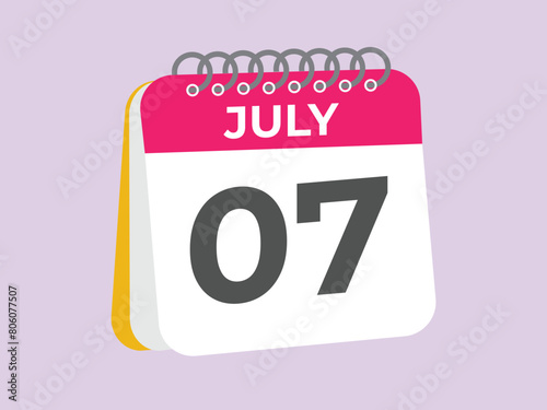 July 7 calendar reminder. 7 July daily calendar icon template. Calendar 7 July icon Design template. Vector illustration

