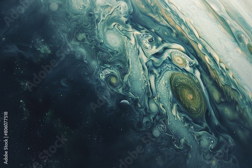 Jupiter s surface from above, realistic, intense storm systems, dynamic view photo