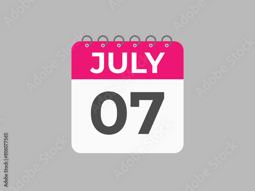 July 7 calendar reminder. 7 July daily calendar icon template. Calendar 7 July icon Design template. Vector illustration 