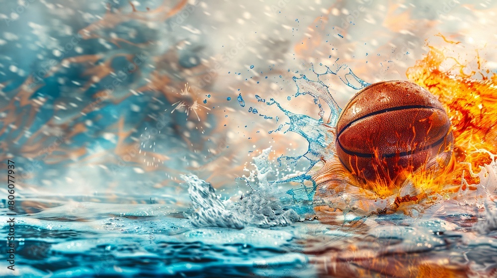 A basketball on fire falls into a large puddle of water, creating a huge splash. A basketball on fire falls into a large puddle of water, creating a huge splash.