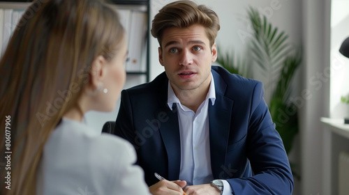 Handsome young male employer talking to female professional candidate on job interview, discussing resume. Boss and manager discussing work plan, strategy, sales report at meeting table © rabia