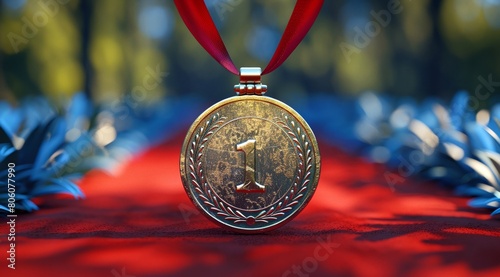 A gold medal hanging on a red ribbon in front of a blurred background of a red carpet lined with blue flowers. © weerasak